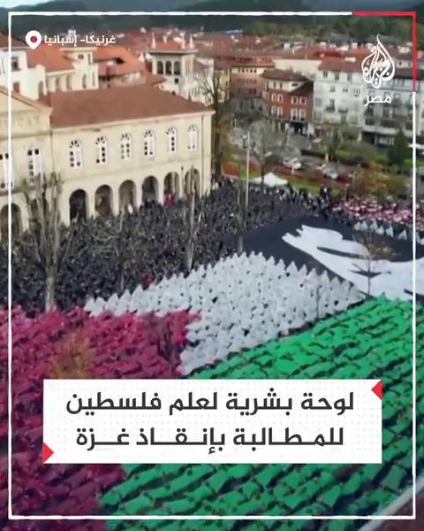 مطالبين بوقف إطلاق النار.. محتجون إسبانيون يشكلون علم #فلسطين بأجسادهم دعمًا لغزة ضد العدوان الإسرائيلي