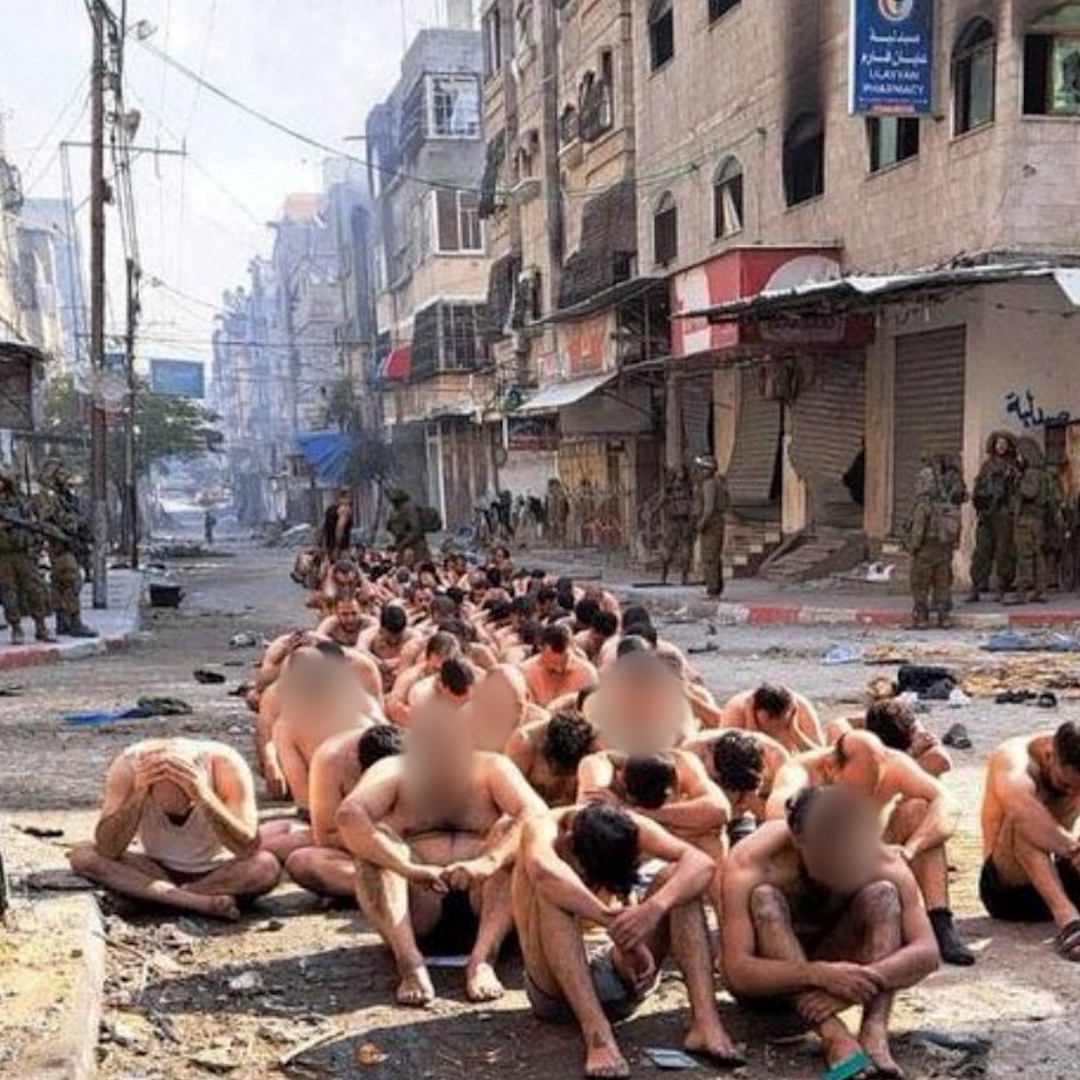Images of Palestinian men stripped to their underwear, blindfolded and made to kneel while being detained in Gaza by Israeli soldiers are causing outrage on social media.