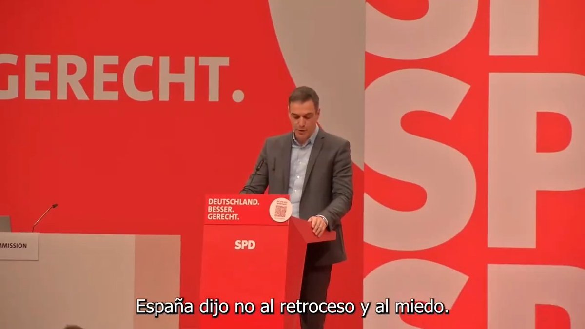 Toda Europa se enfrenta al mismo adversario. En España le hemos puesto freno gracias al poder del pueblo. El poder de los votos. Dijimos no al retroceso y al miedo. No al pasado y a la involución. Dijimos sí al progreso. Sí al futuro y a la voluntad inquebrantable de avanzar.