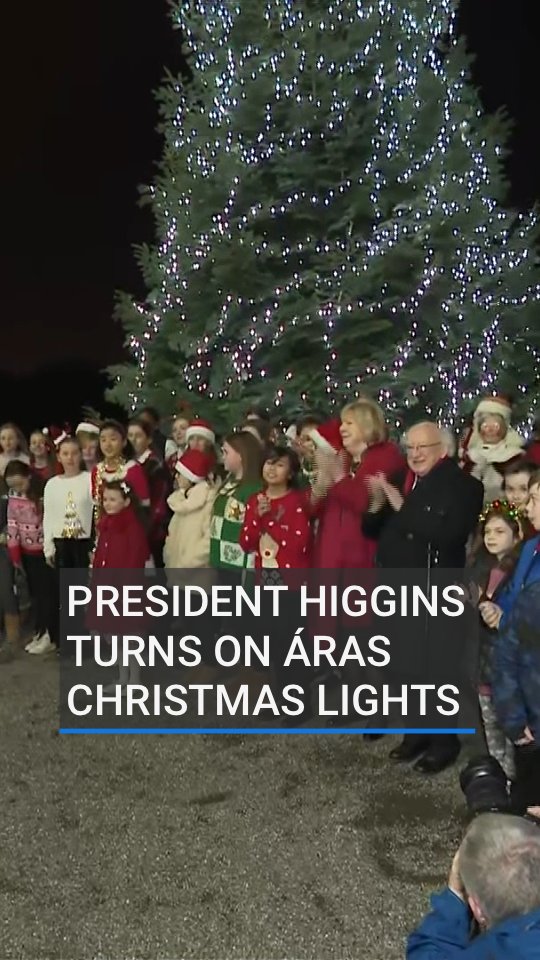 President Michael D Higgins has turned on the Christmas tree lights at Áras an Uachtaráin. In an address at the event, the President said, “We think, in particular, of the children of Gaza and Israel”.