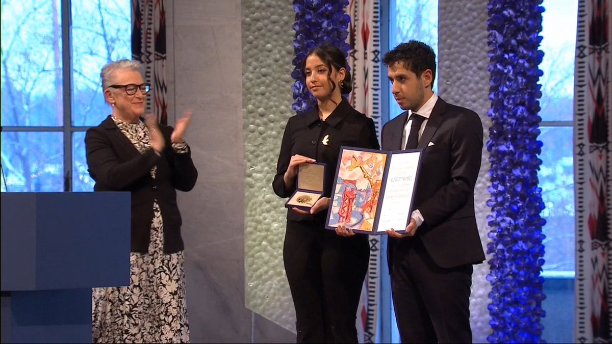 Watch the very moment Narges Mohammadi’s children collected this year’s Nobel Peace Prize medal and diploma on behalf of their mother who is currently imprisoned. Mohammadi was awarded the 2023 Nobel Peace Prize for her work on human rights. Learn more: