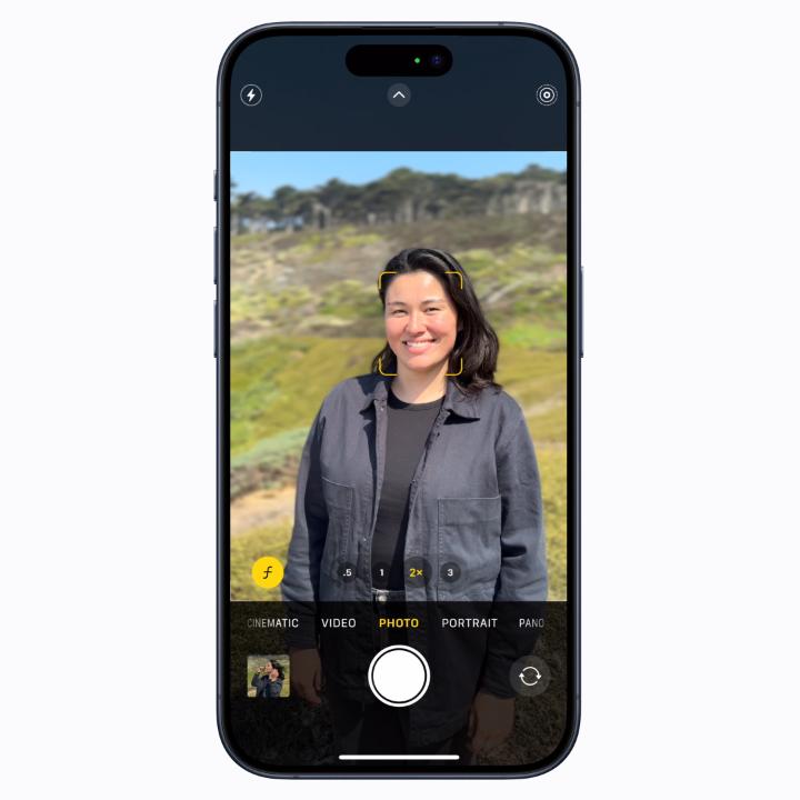 Take beautiful portraits right from Photo mode on your iPhone 15 or iPhone 15 Pro. Your iPhone captures depth information automatically as you take photos with a person, dog, or cat prominent in frame. Tap the ƒ button to preview your portrait.