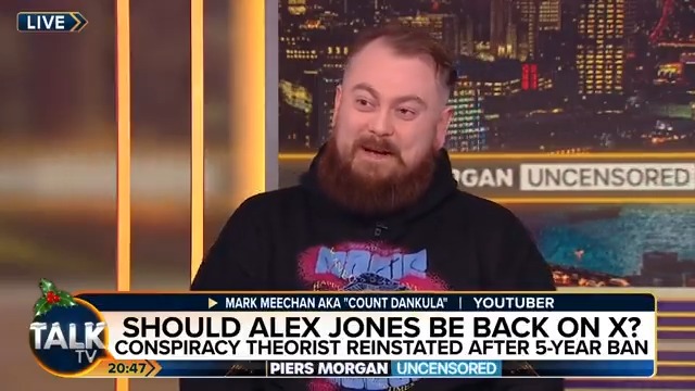 "He has the right to say it." YouTuber Mark Meechan AKA Count Dankula tells Piers Morgan why he thinks Elon Musk was right to reinstate Alex Jones' X account. Count Dankula | Piers Morgan | Alex Jones | #PMU