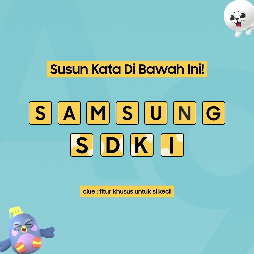 Susun kata di bawah ini dan MENANGKAN 1 unit Galaxy Tab A9 Kids Edition Package! 🎁😍 Reply jawaban sebanyak-banyaknya dan jangan lupa pakai hashtag #GalaxyTabA9, #GalaxyTabPlaytime, #MakinManTAB sebelum 19 Desember 2023. Good luck, Moms & Dads!