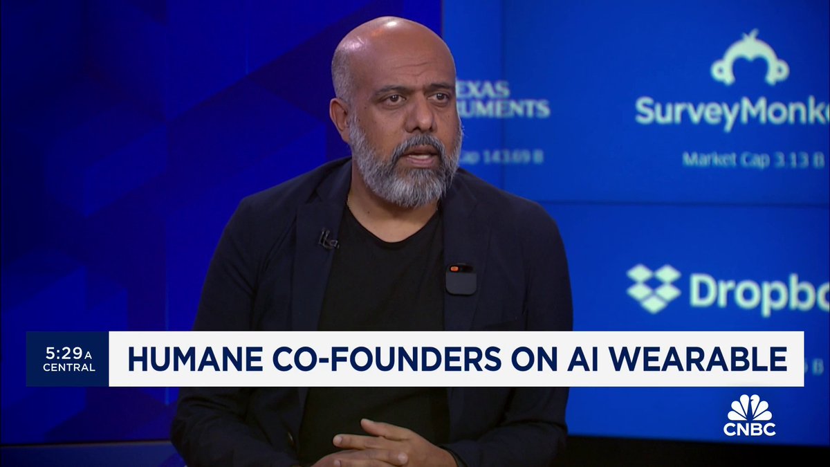 FUTURE OF TECH: Humane Co-Founders Bethany Bongiorno and Imran Chaudhri show off the AI pin –a new wearable device powered by artificial intelligence.
