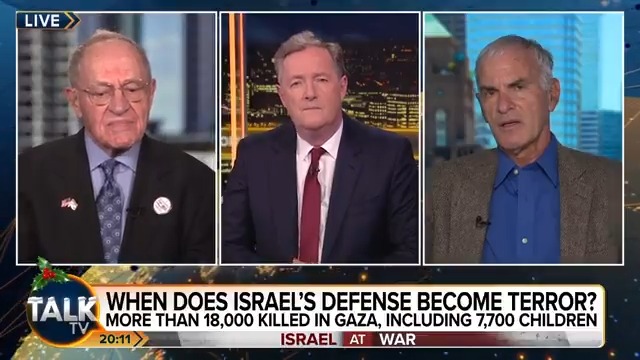 "Israel has been waging a war of genocide in Gaza." Watch the full debate between Norman Finkelstein and Alan Dershowitz on YouTube: Alan Dershowitz | Norman Finkelstein | Piers Morgan | #PMU