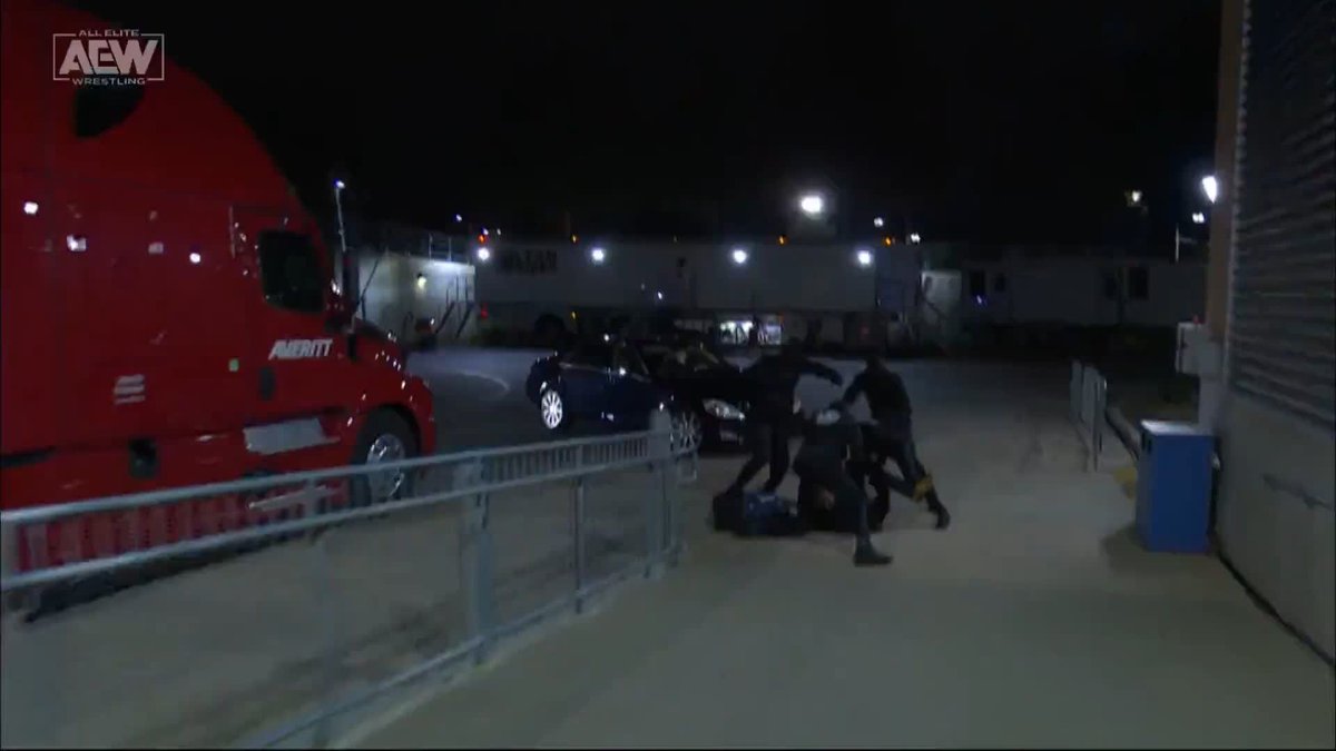 The Devil's Men are attacking #HangmanAdamPage in the parking lot! Watch #AEWDynamite #WinterIsComing LIVE on TBS!