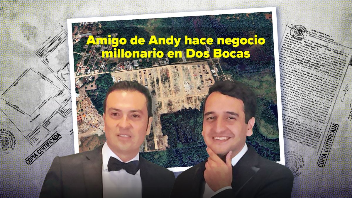 #Exclusiva #LaRedDeAndy: Dos días antes que AMLO pusiera la primera piedra de la refinería de Dos Bocas, un amigo de su hijo Andy adquirió 18 hectáreas de un terreno contiguo en 6 pesos el m2, pese a que el valor comercial en esa zona es de $1,200 el m2. Hilo🧵