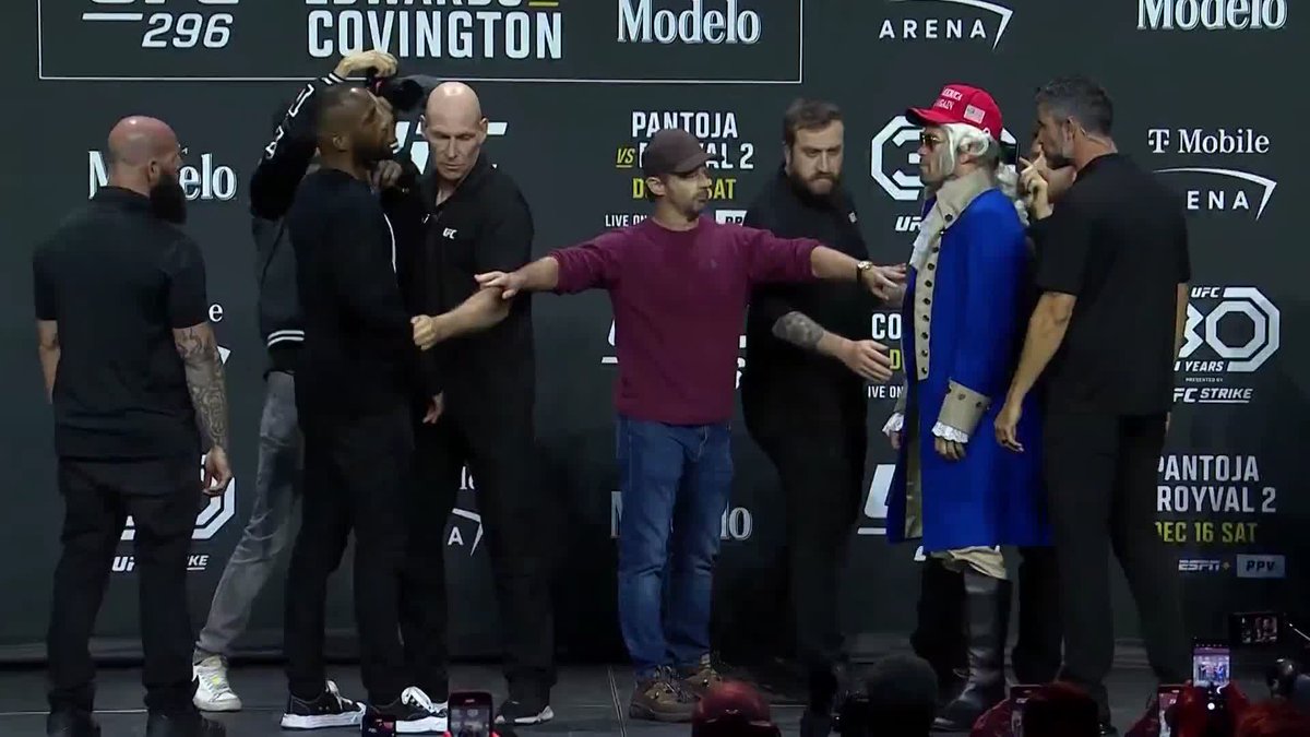 EDWARDS AND COVINGTON FACE TO FACE 🔥 @Leon_EdwardsMMA and Colby Covington fight for the welterweight world title Saturday at #UFC296! [ 10pmET / 7pmPT | Live on ESPN+ PPV: ]
