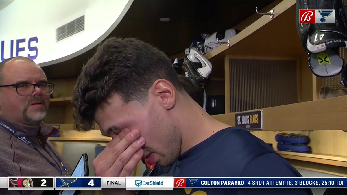 Kyrou on getting booed by fans throughout tonight's game: "I see where they're coming from with how my comment sounded." And he gets emotional when saying: "It's just tough, right? I love playing here. So, it's just tough to hear the fans booing me there." #stlblues