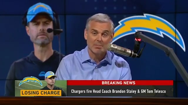 "It doesn't happen very often where the story I'm talking about has breaking news while I'm talking about it." — @ColinCowherd reacts in real-time to Chargers firing Brandon Staley