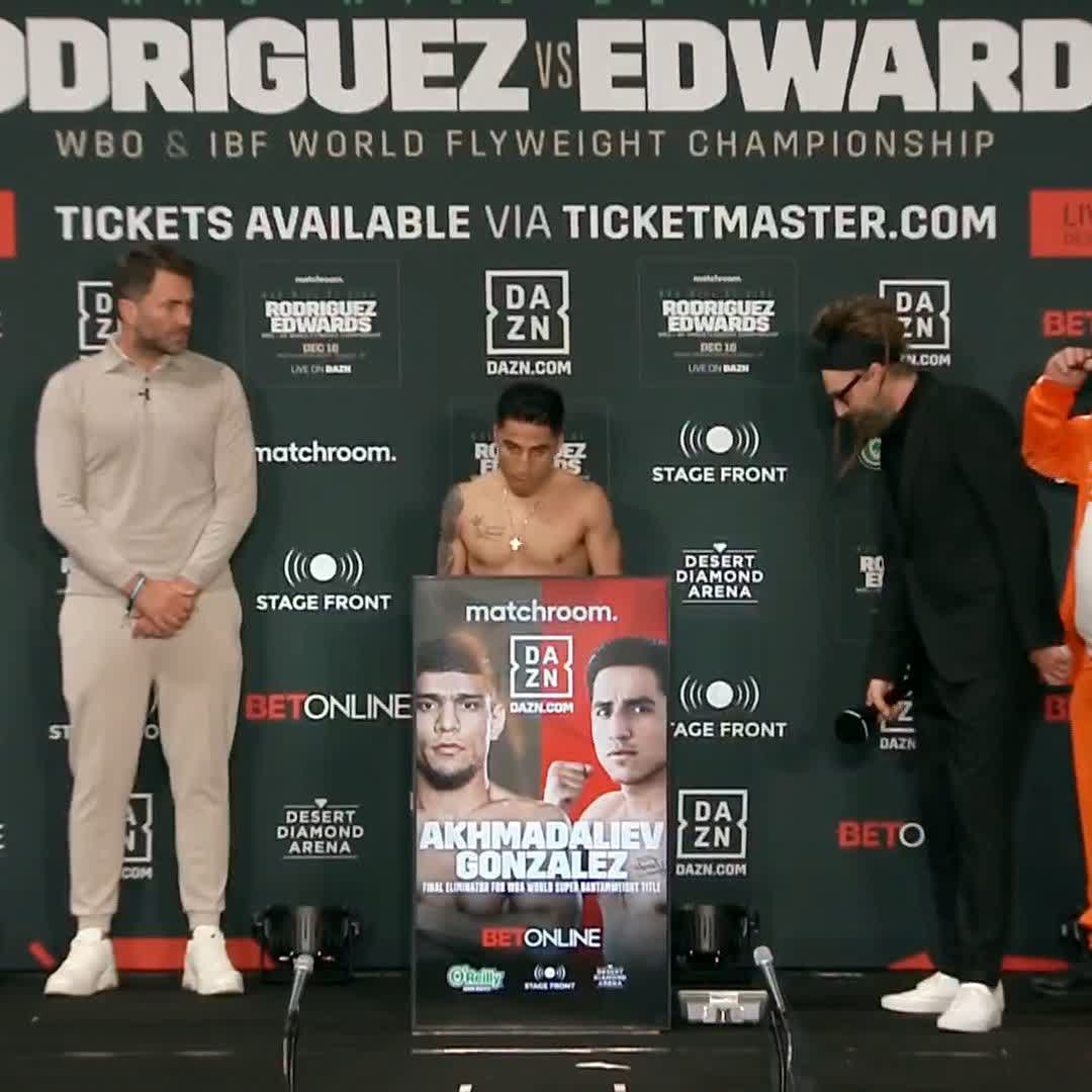 ⚖️ WEIGH-IN AND FACE-OFF 👀 M.J. 'KAKA' Akhmadaliev vs Kevin Gonzalez 🛡 Eliminator for WBA World Super Bantamweight Title #AkhmadalievGonzalez #RodriguezEdwards