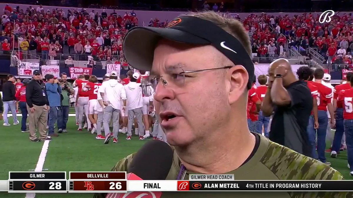 "It really has nothing to do with the ballgame... it has to do with people, it has to do with relationships." Alan Metzel on the Gilmer State Title win. Jack in the Box | #UILState | @BallySports | @UILTexas | GilmerBuckeyeFB | Bellville High School