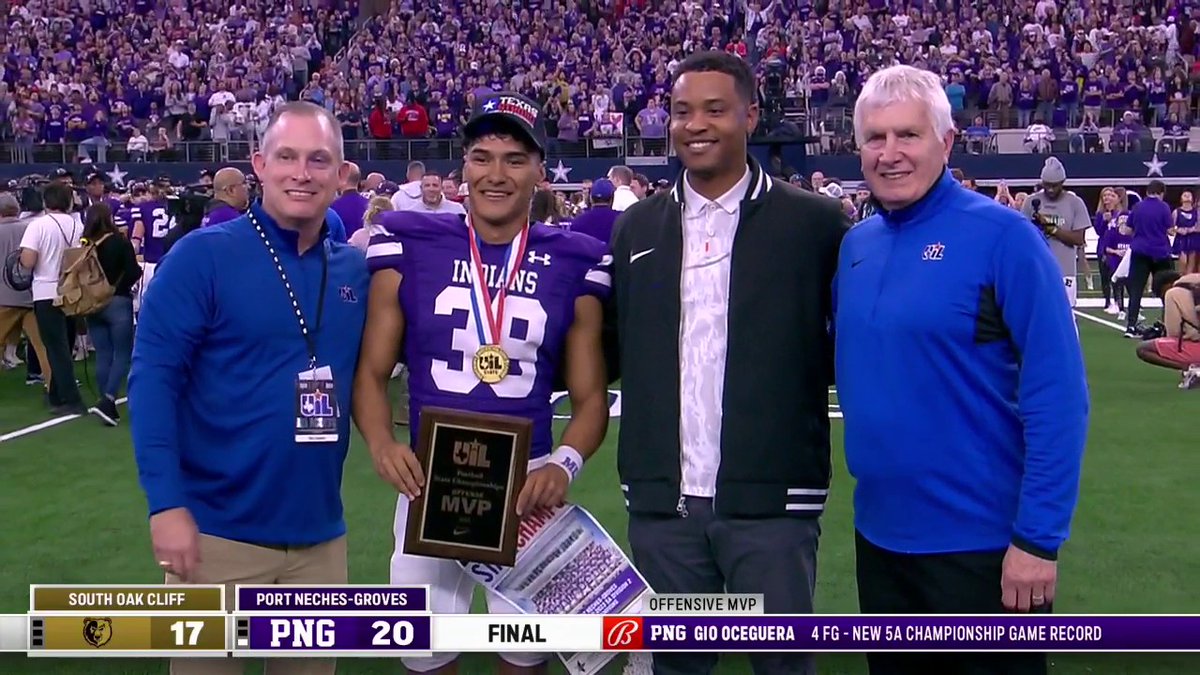 Gio Oceguera is your Offensive MVP 🏆 He sets the record for FG's made with 4 in the 5A Championship Game! Jack in the Box | #UILState | @BallySports | @UILTexas | SOC Football | PNG Indians