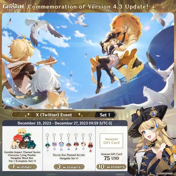 ✨Day 1✨ Commemoration of Version 4.3 Update! #GenshinImpact X (Twitter) Event - Set 1 How to Participate: ① Follow Genshin Impact ② Retweet this post And you can instantly receive the event results! Event Rules: #FollowGenshinImpact