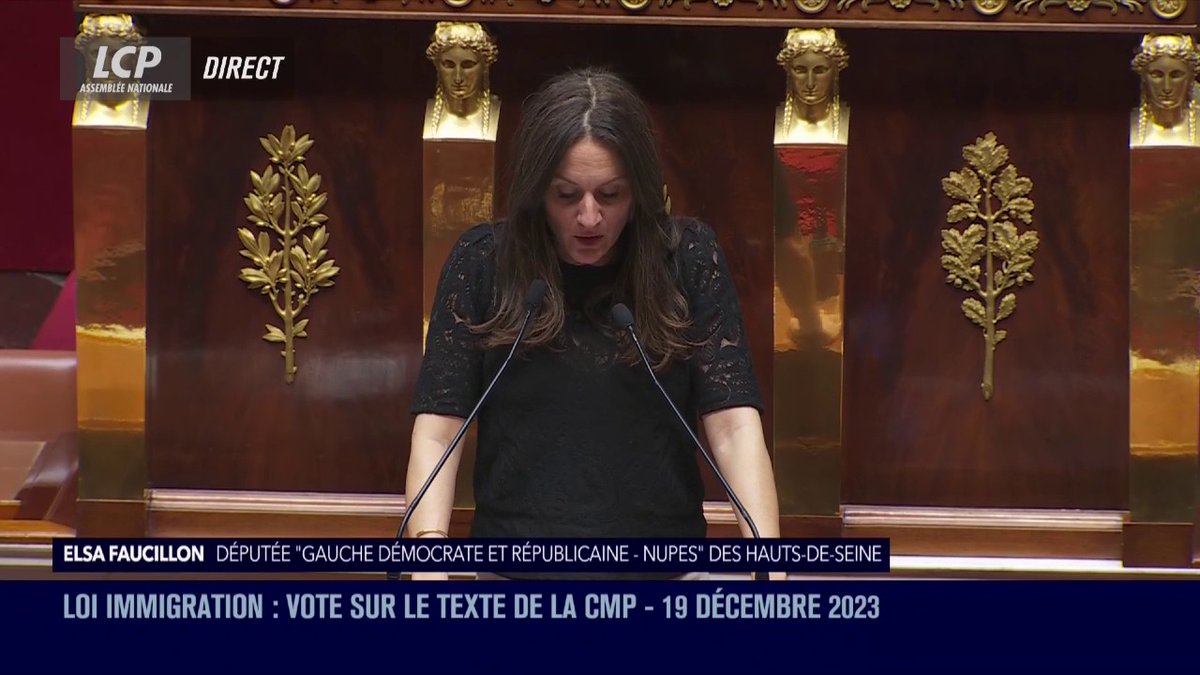 "C'est l'histoire d'un président qui s'est fait élire contre l'extrême droite, et qui nous propose aujourd'hui de voter son programme", constate Elsa Faucillon. "Rejetez ce texte de la honte", implore-t-elle. #PJLImmigration #CMP #DirectAN