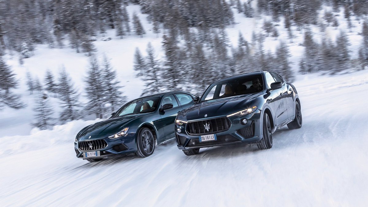 Roaring through the snow with V8 power. The Ghibli 334 Ultima and Levante V8 Ultima. #MaseratiGhibli #MaseratiLevante #Maserati
