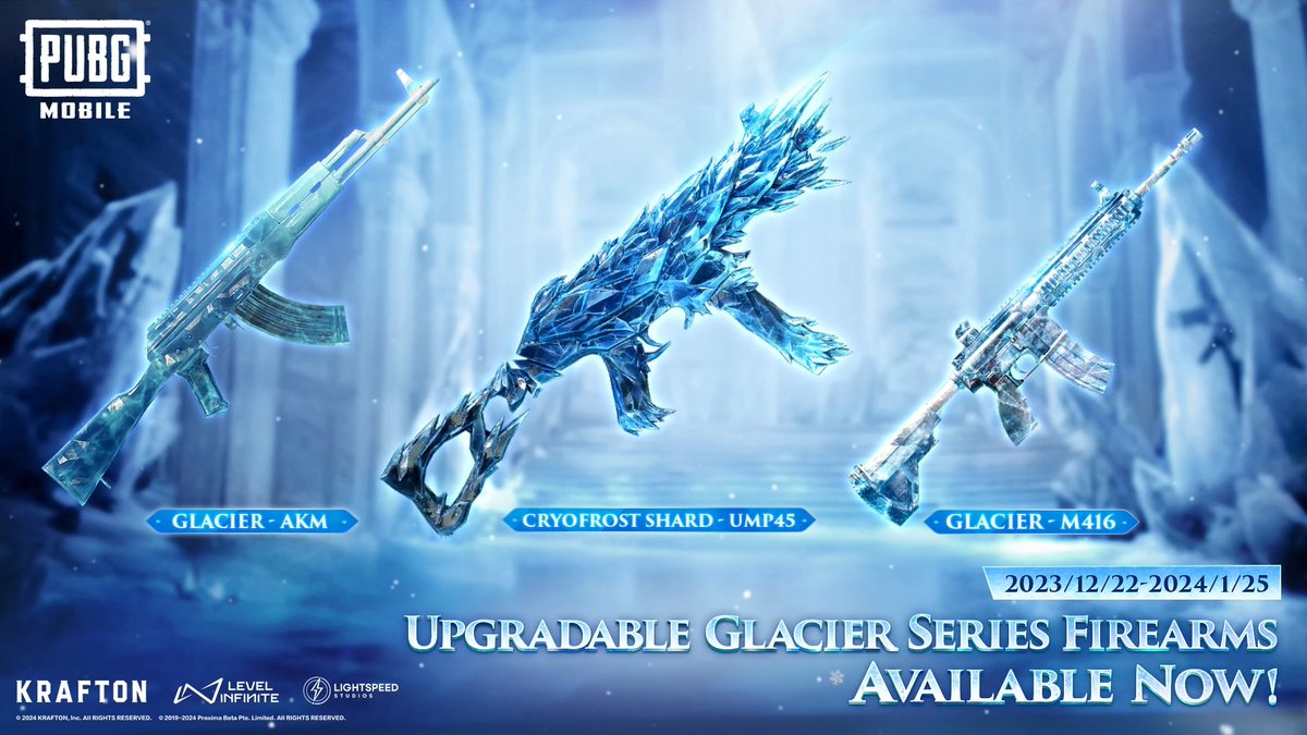 The Glacier series upgradable firearms are here! 🥶 The Glacier - M416, Glacier - AKM, and the new Cryofrost Shard - UMP45 have been added to the Event Shop. Which is your favorite? ❄️ 📲 #PUBGMOBILE #PUBGMGILTSETWinter #PUBGMOBILEC5S15