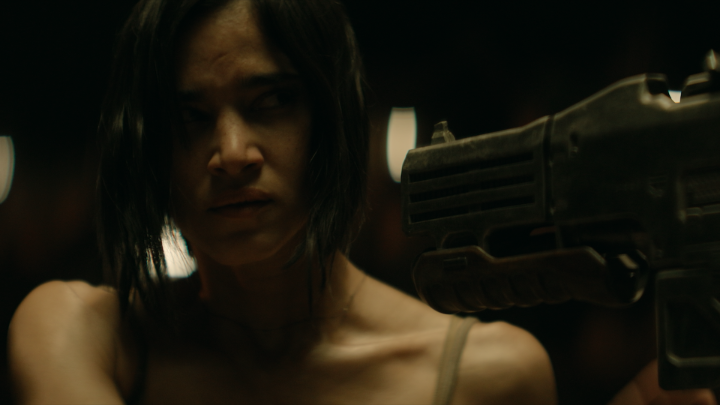Sofia Boutella as Kora displaying pure badassery in Rebel Moon - Part One: A Child of Fire.
