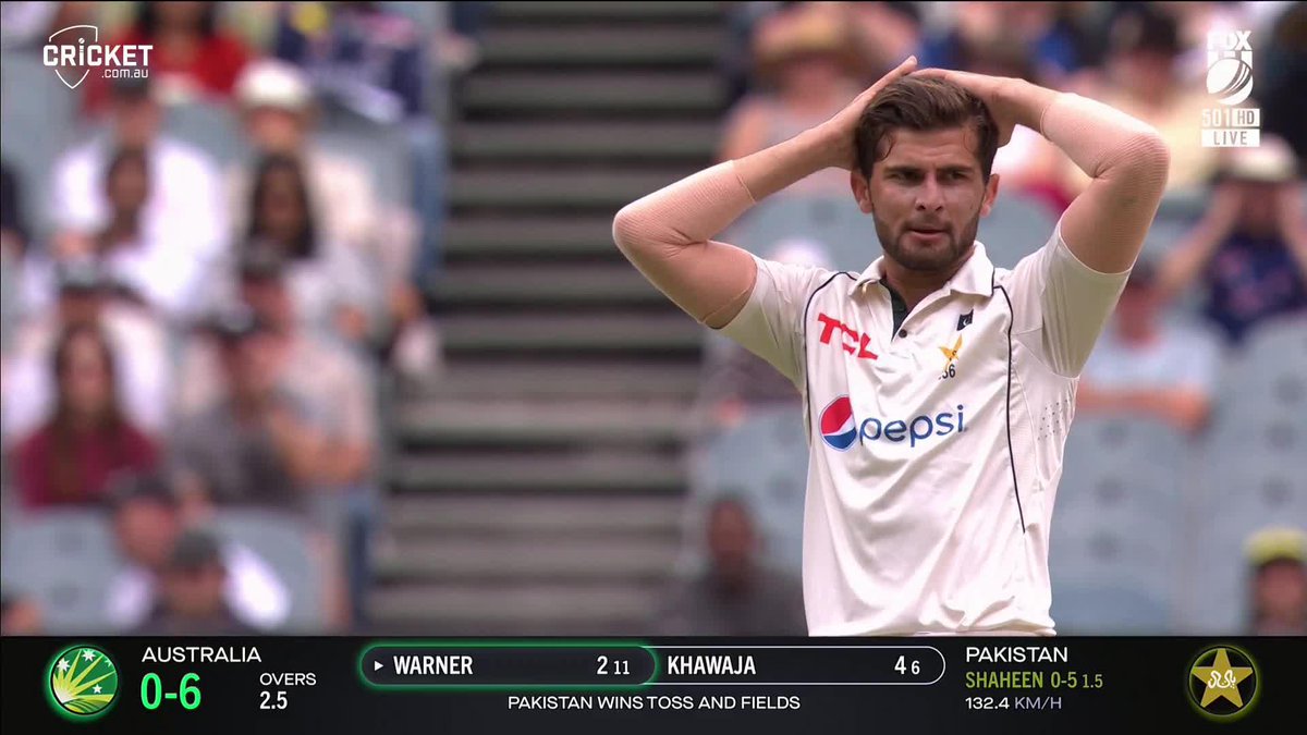 David Warner gets a life on two! Shaheen Afridi gets the ball swinging and Abdullah Shafique puts it down at first slip #AUSvPAK