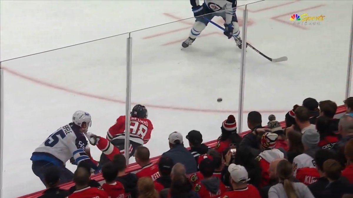 Close call tonight as Connor Bedard's skate almost cut Mark Scheifele in the neck 😱