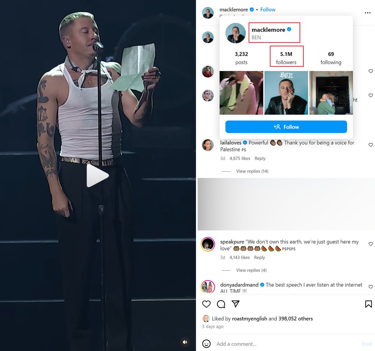 Macklemore posted his FULL + UNCUT poem for Palestine on his Instagram (5.1m followers). This is huge. I am sharing 1080p HD.