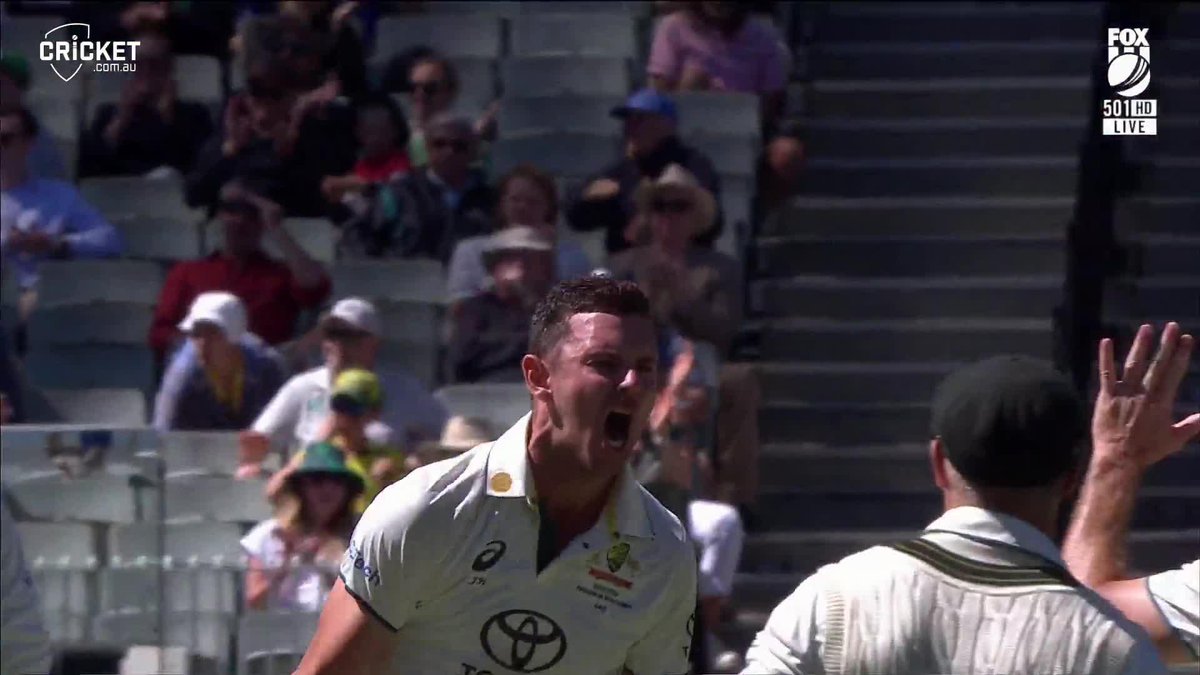 Huge moment in this chase! Josh Hazlewood gets the better of Babar Azam again! #OhWhatAFeeling | #AUSvPAK