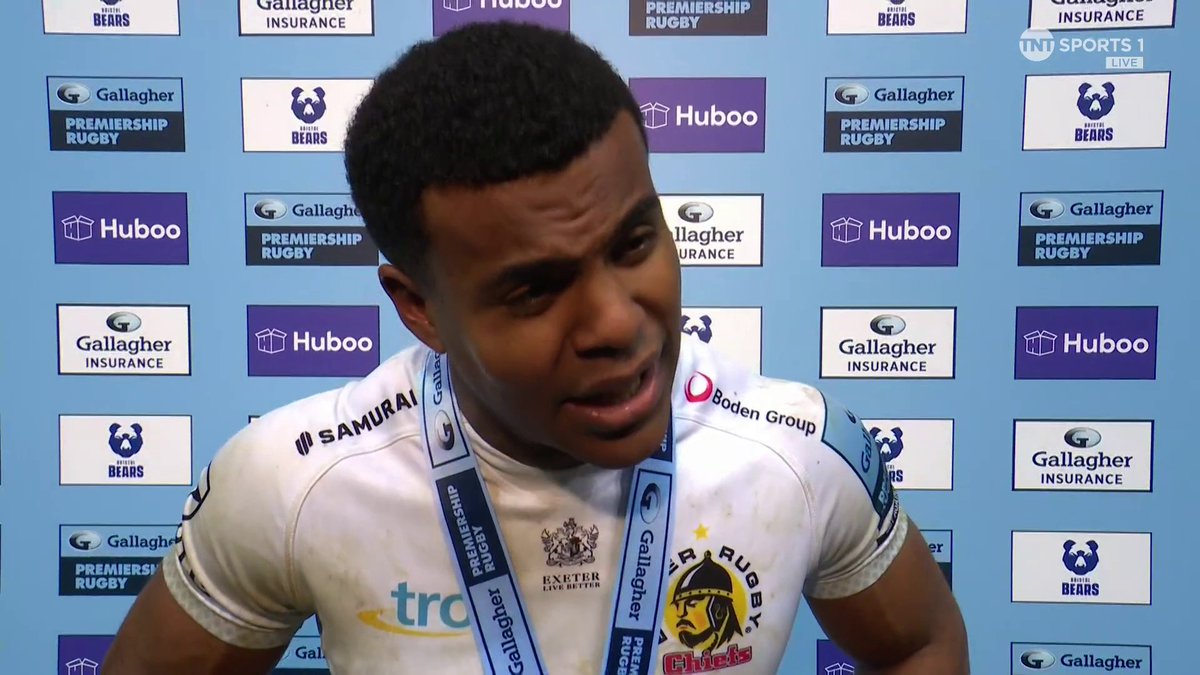 The pause says it all 👀 Player of the match Feyi-Waboso with an incredibly coy answer to whether he's had any contact from England Rugby or WalesRugbyUnionNews Will he be at the Guinness Men's Six Nations come February? #GallagherPrem | #BRIvEXE