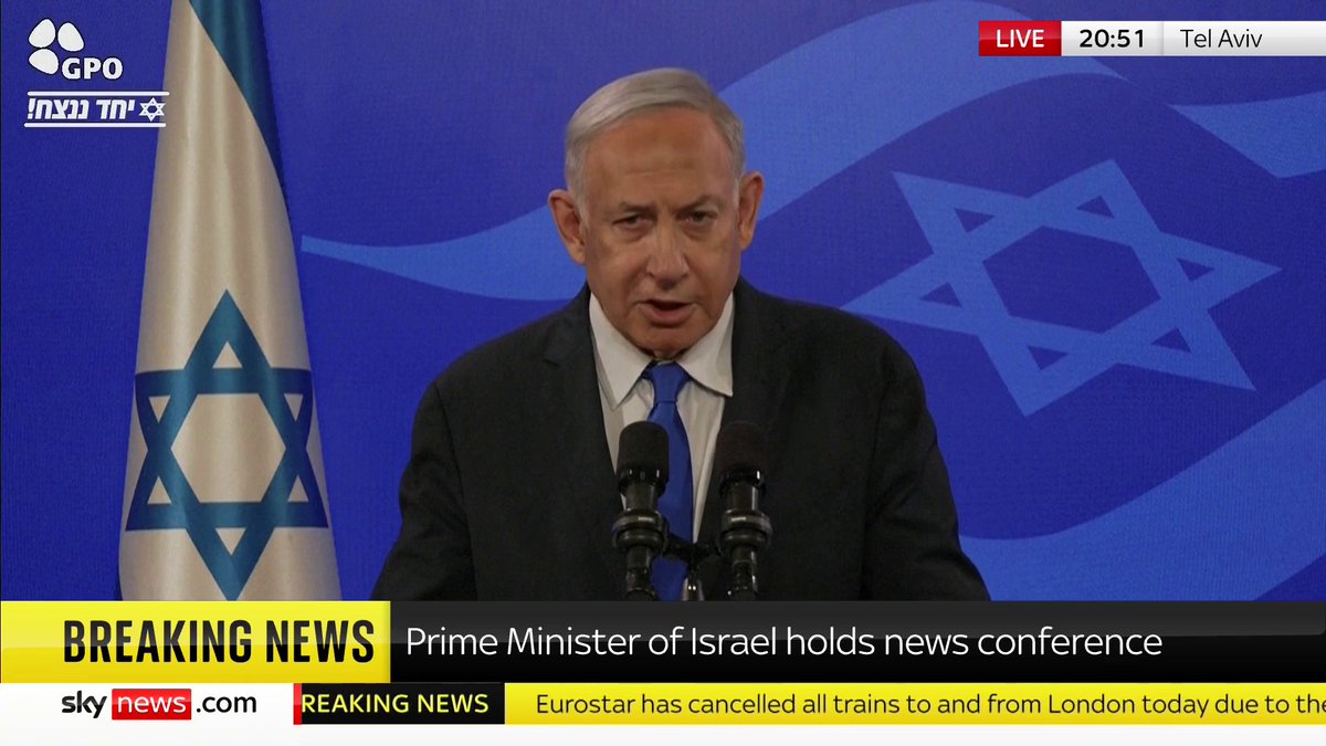 Prime Minister Benjamin Netanyahu says Israel's war with Hamas in Gaza 'will continue until all the objectives are achieved'. 📺 Sky 501, Virgin 602, Freeview 233 and YouTube