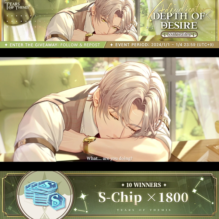 Vyn SSR ✦ Depth of Desire ✦ Trailer ✦ "Enduring Light" Time-Limited Total Purchases Coming Soon "That tickles... What... are you doing? Sorry, it seems I ruined the mood." 🎁 Follow us &amp; repost for a chance to win S-Chip ×1800! #TearsOfThemis #EnduringLight