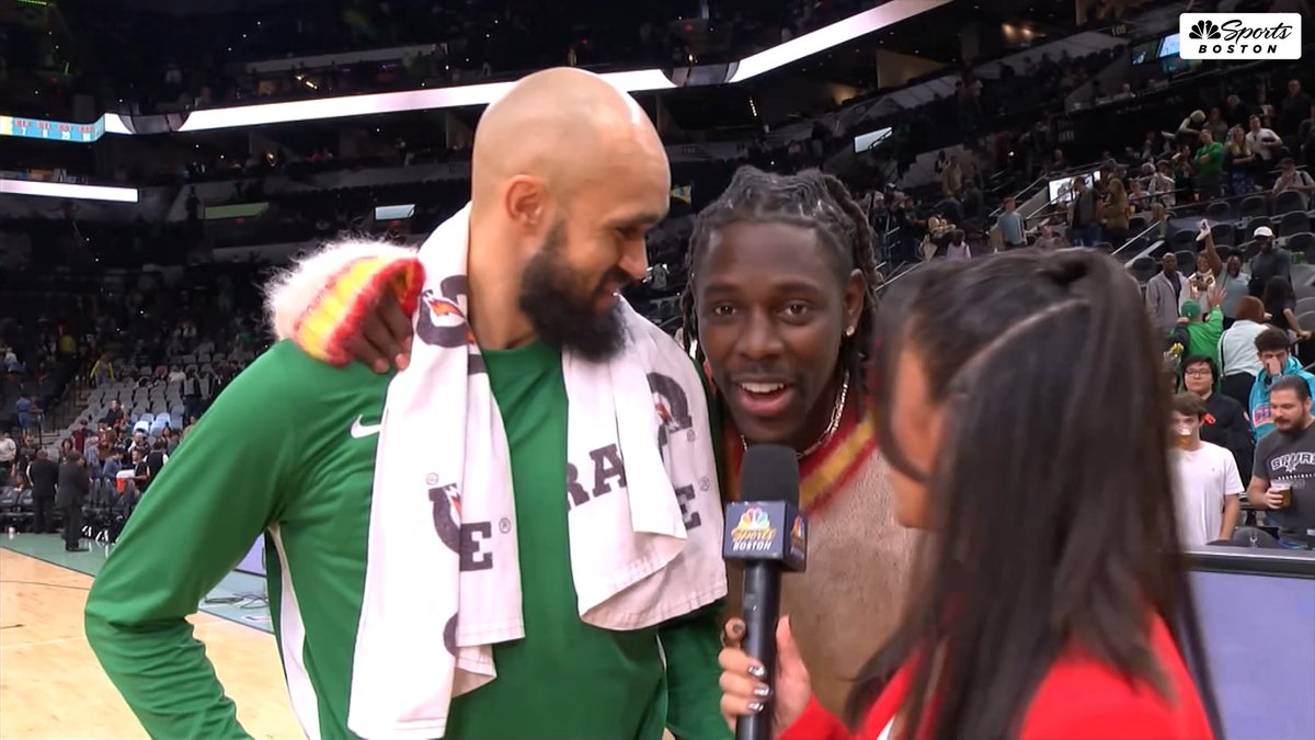 "WHITE'S AN ALL-STAR" Jrue Holiday crashes Derrick White's walk-off interview after receiving all-star chants down in San Antonio