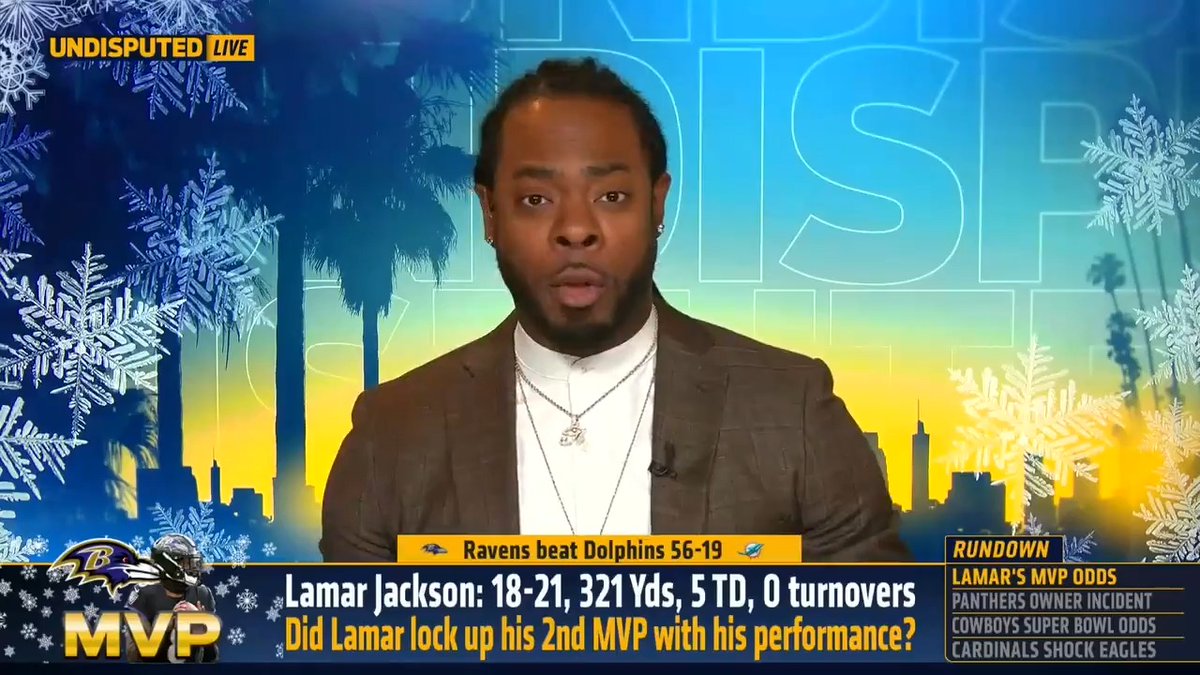 Despite Lamar Jackson’s 5 TD performance, it has not changed Richard Sherman's MVP vote: “I don’t see it as the same as his unanimous MVP season. I give it to Christian McCaffrey.”