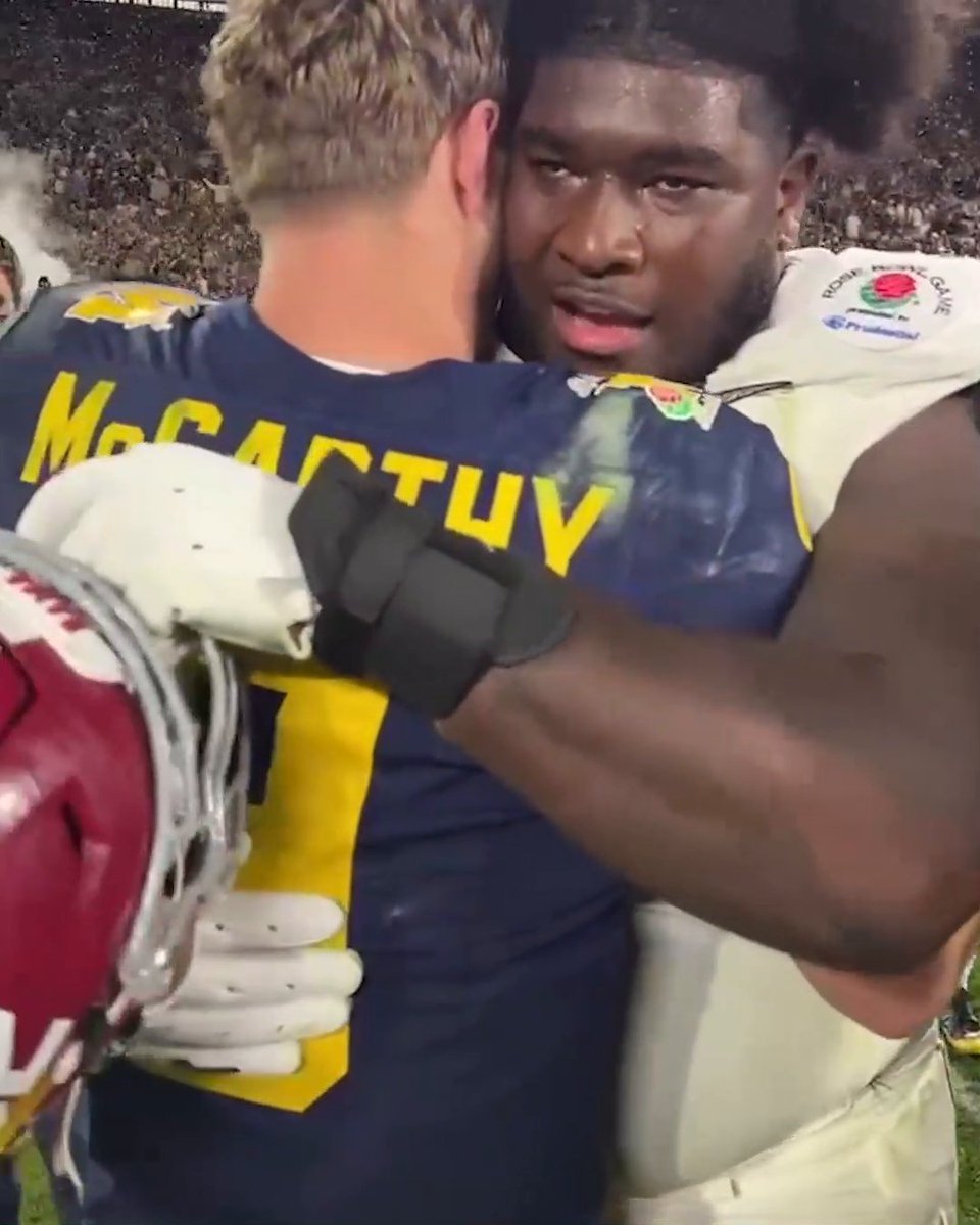 Tyler Booker and J.J. McCarthy shared a moment after the game. They played high school ball together at IMG Academy 🙌 #CFBPlayoff