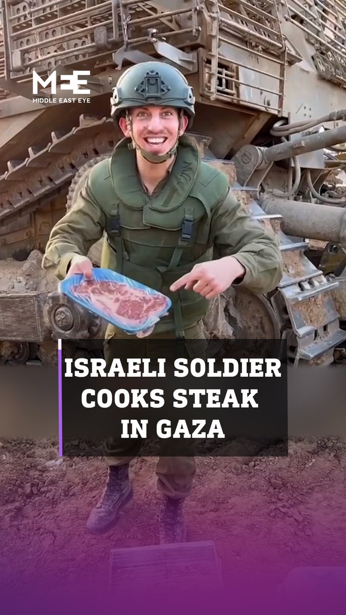An Israeli soldier mockingly makes a video of himself cooking steak in war torn Gaza. The soldier is encouraging people to follow him on social media accounts for updates on the situation in the field