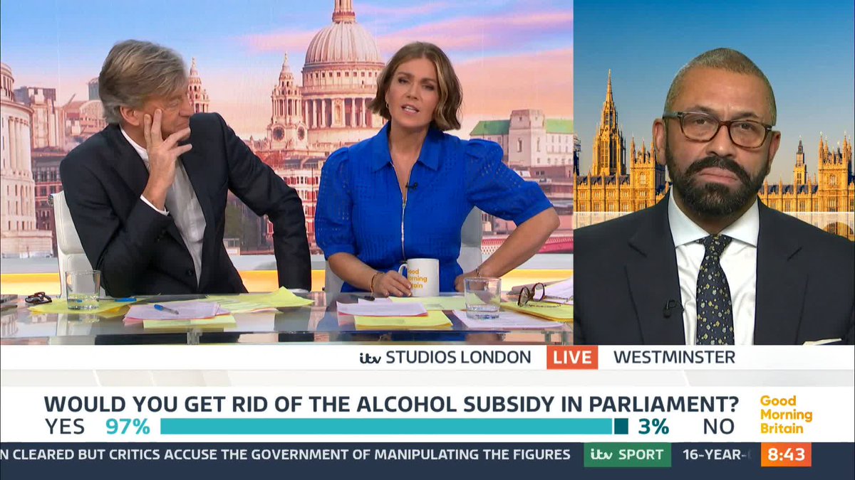 'Can you justify why there is a subsidy for alcohol in the House of Commons &amp; Lords?' Susanna Reid Home Secretary James Cleverly says the alcohol is cheaper because 'it is not a profit-making venture and the vast majority of people that use it are not parliamentarians.'