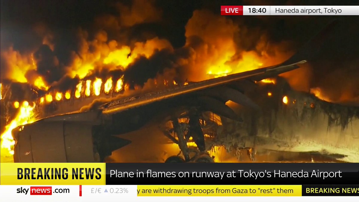 "The tail-end has... just crashed on to the floor." An aircraft has caught fire on a runway at Tokyo's Haneda airport. 📺 Sky 501, Virgin 602, Freeview 233 and YouTube