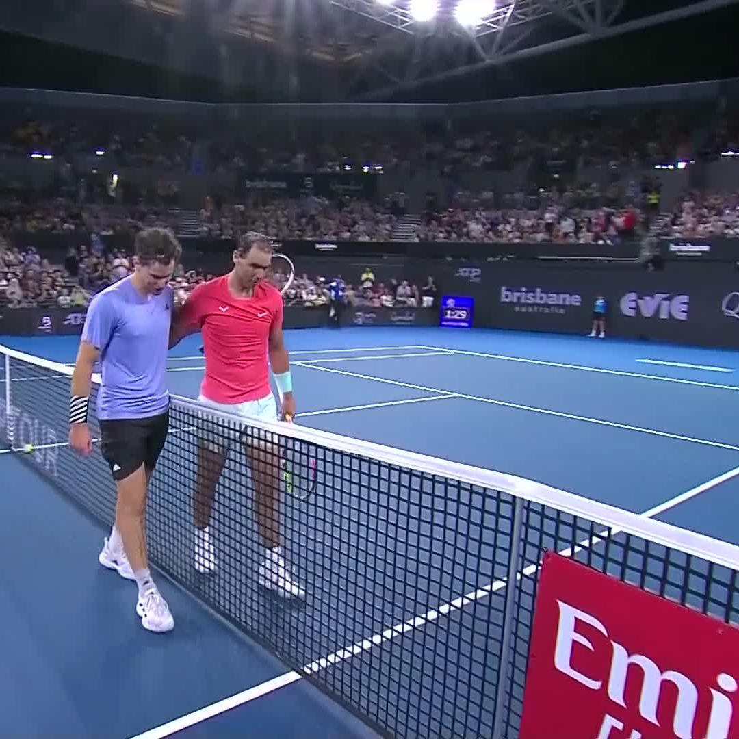 Game, set & match Nadal ๐ช๐ธ The moment Rafa Nadal defeated Thiem in his comeback match! #BrisbaneTennis