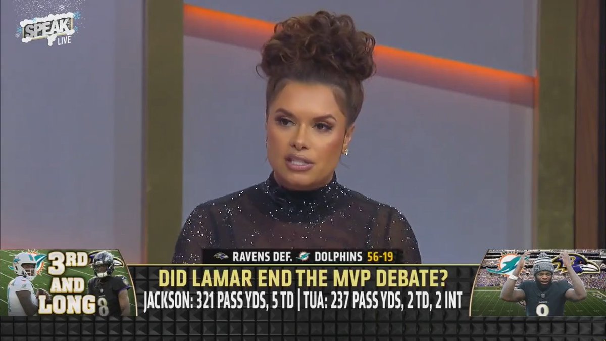 .Joy Taylor on the Lamar Jackson’s MVP candidacy: “If we just compare statistics year to year, then it’s just a statistical award &amp; we don’t need to get into [anything else], but that’s not what this is. It’s MVP … We’re all experiencing greatness.”