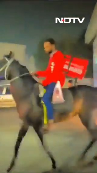 #Zomato Delivery Agent Drops Order In #Hyderabad On A Horse. Reason: Fuel Shortage