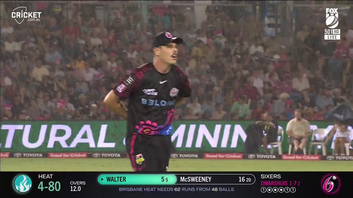 Rain has come at Coffs... As it stands, the Heat are two runs behind the DLS target. #BBL13