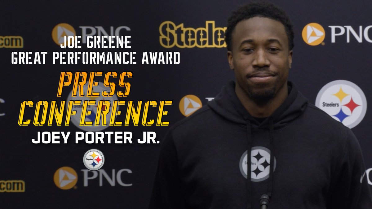 Joey Porter Jr. speaks to the media about winning the Joe Greene Great Performance Award: