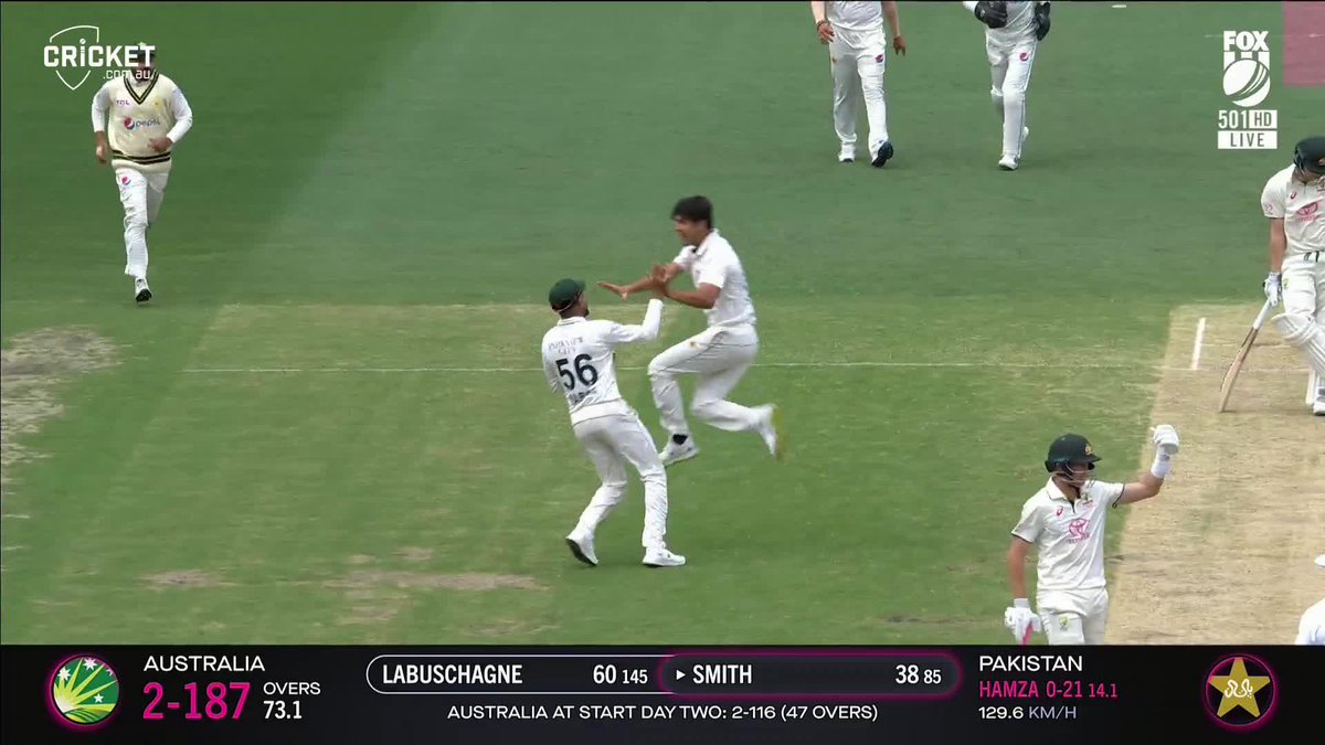The funky field worked! One of Pakistan's three cover fielders hangs on to a lofted Steve Smith drive #AUSvPAK