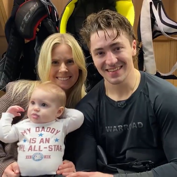 Frank Vatrano was surprised by wife Rebecca and daughter Ophelia after practice today to let him know he's an NHL All-Star! 👀 The shirt 👀 #FlyTogether