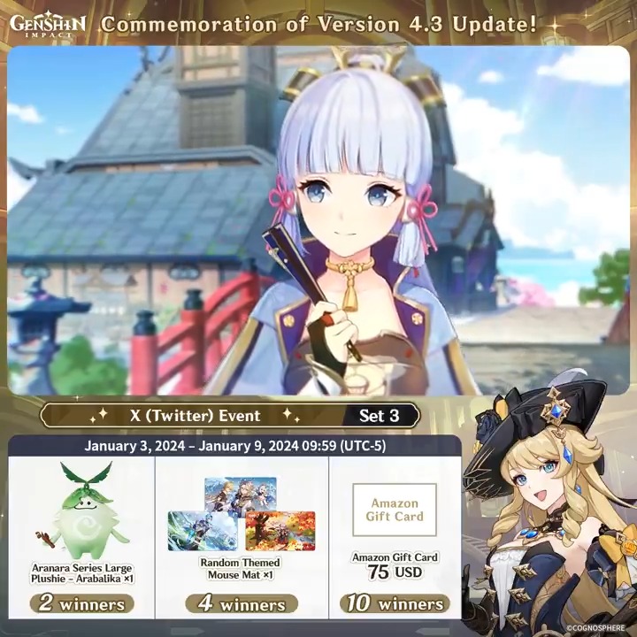 ✨Day 3✨ Commemoration of Version 4.3 Update! #GenshinImpact X (Twitter) Event - Set 3 How to Participate: ① Follow Genshin Impact ② Retweet this post And you can instantly receive the event results! Event Rules: #FollowGenshinImpact