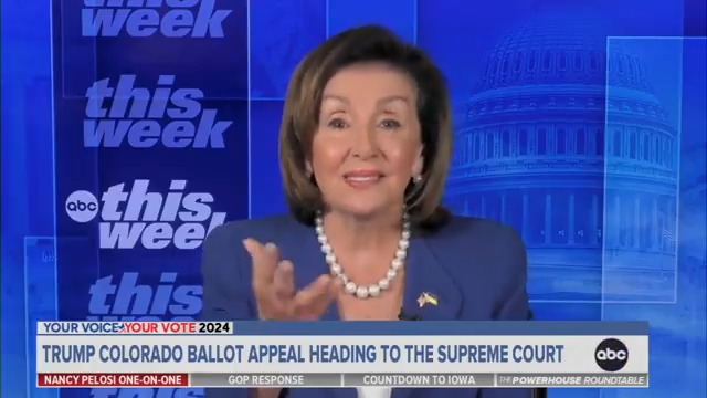 Nancy Pelosi on if she thinks Donald Trump is ineligible to be on the ballot: “They have different laws from state-to-state.” ABC: “It's the Constitution...” PELOSI: “That's not the point.”
