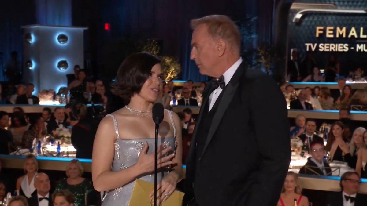 Presenting the award for Best Television Female Actor - Musical/Comedy Series it's 🎀 Barbie monologue experts 🎀 ia and Kevin Costner! #GoldenGlobes
