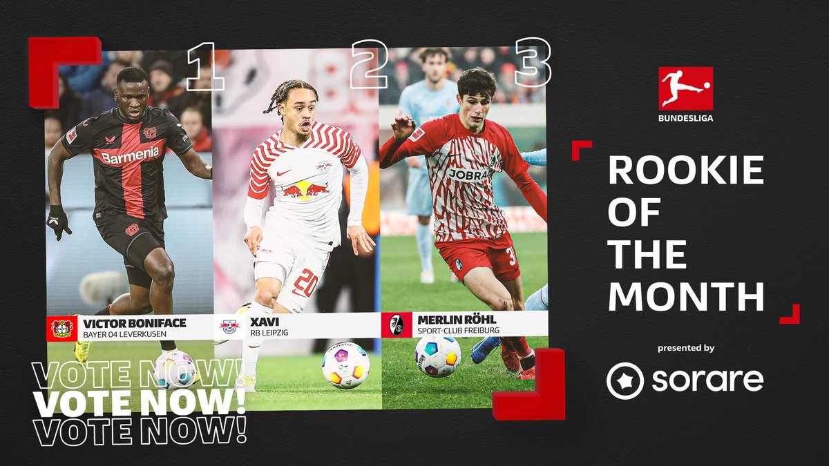 Time to vote for your #BLRookie of the Month for December 🙌 Rather you than us... 😬 How are you going to pick between Xavi Simons, Merlin #Röhl and Victor Boniface? 🔗 #Sorare | RB Leipzig English | SC Freiburg | Bayer 04 Leverkusen | #Bundesliga