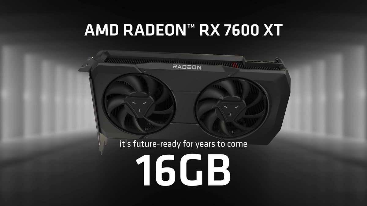 Introducing the AMD Radeon RX 7600 XT Graphics Card. Featuring 16 GB of memory, it offers high frame rate, immersive 1080p gaming in the latest titles, and the power to step up to 1440p with next-gen technologies. Details: