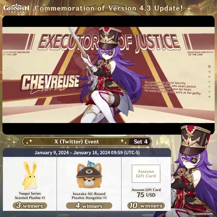 ✨Day 1✨ Commemoration of Version 4.3 Update! #GenshinImpact X (Twitter) Event - Set 4 How to Participate: ① Follow Genshin Impact ② Retweet this post And you can instantly receive the event results! Event Rules: #FollowGenshinImpact