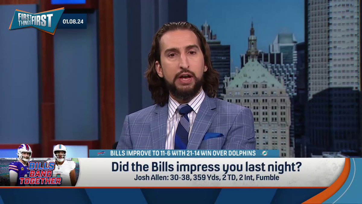 "Bills Mafia is going to be very mad — but I think if the Jags had won at 1 o'clock, the Bills would've folded after the Josh Allen turnovers." — nick wright on if he was impressed with the Bills 21-14 win over the Dolphins: